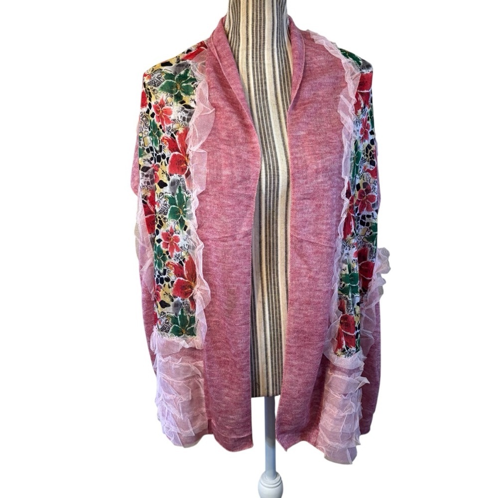 NWT Chuns Scarf / Wrap Pink Mixed Media Green Red Floral Mesh Feminine Coquette